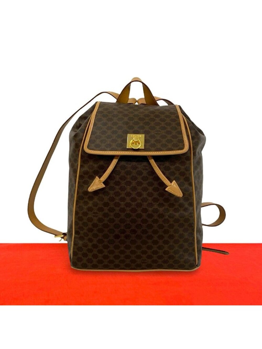 Celine Vintage Ring Macadam Pattern Leather Backpack Brown